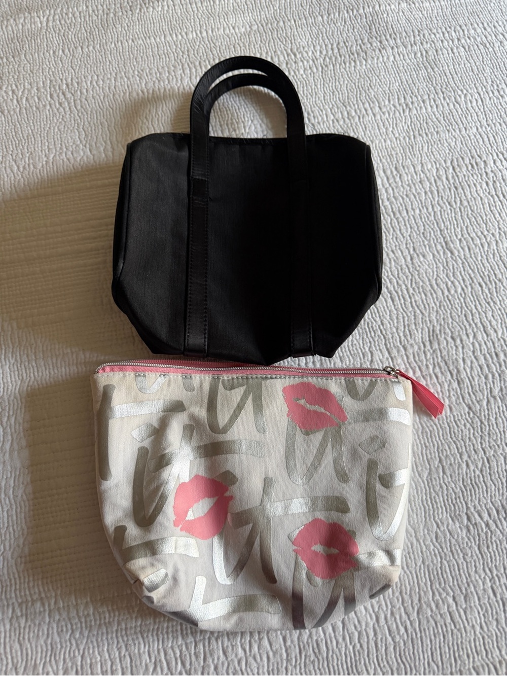 Black Tote with Cream Cosmetic Pouch Featuring Pink Lip Print